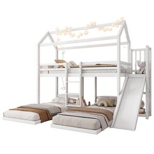 STILVORA ETAGENBETT 90/200 cm in Weiß Kinderbett mit Rutsche, Regal und Dachdesign obraz