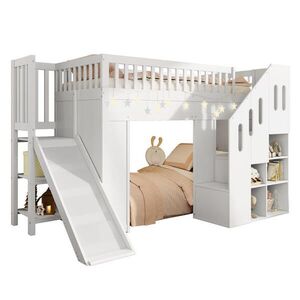 STILVORA HOCHBETT 90/200 cm in Weiß Kinderbett mit Rutsche, Stauraumtreppe und LED obraz
