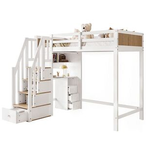 STILVORA ETAGENBETT 90/200 cm in Weiß & Natur Kinderbett mit Schreibtisch, 3 Schubladen und Stauraumtreppe obraz