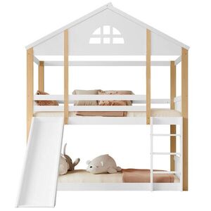 STILVORA ETAGENBETT 90/200 cm in Weiß & Natur Kinderbett mit Rutsche und Treppe aus Massivholz obraz