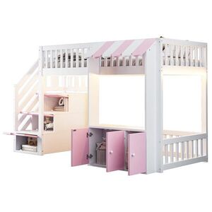 STILVORA HOCHBETT 90/200 cm in Weiß & Rosa mit Stauraumtreppe, LED und Stauraum obraz