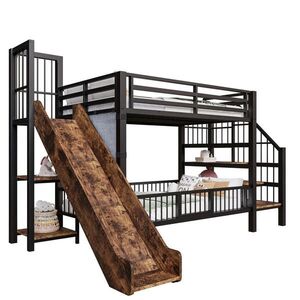 STILVORA HOCHBETT 90/200 cm in Schwarz Kinderbett mit Rutsche, Stauraumtreppe und Regal obraz