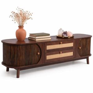 STILVORA TV STOLEK v přírodním dekoru s dvířky, zásuvkami, úložným prostorem a ratanovými boky, 170×39, 5×46 cm obraz