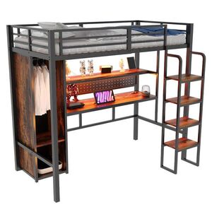 STILVORA HOCHBETT 90/200 cm in Schwarz mit Kleiderschrank, Schreibtisch, Regal und LED obraz