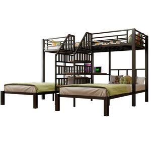 STILVORA ETAGENBETT 90/200 cm in Schwarz mit Schreibtisch, Regal und LED Metall Jugendbett obraz