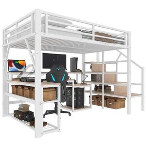STILVORA HOCHBETT 140/200 cm in Weiß mit Stauraum, Regal, LED und USB Metallbett obraz