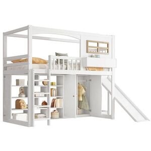 STILVORA ETAGENBETT 90/200 cm in Weiß & Natur Kinderbett mit Rutsche, Regal und Kleiderschrank obraz