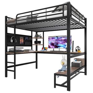 STILVORA HOCHBETT 140/200 cm in Schwarz mit Schreibtisch, Ablagen, LED und USB/Type-C obraz