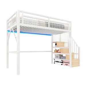 STILVORA HOCHBETT 90/200 cm in Weiß mit Stauraumtreppe und LED obraz