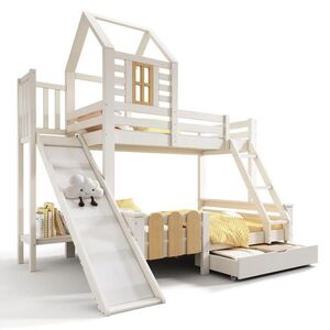 STILVORA ETAGENBETT 90/200 cm & 140/200 cm in Weiß & Natur mit Schublade, Rutsche und Leiter Blockhaus-Design obraz