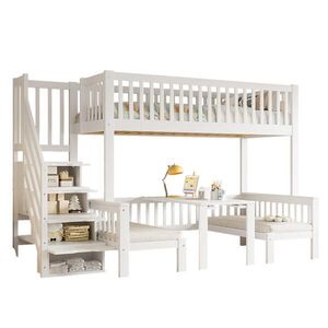 STILVORA ETAGENBETT 90/200 cm & 120/200 cm in Weiß Kinderbett mit Stauraumtreppe, Tisch und Sicherheitsgeländer obraz