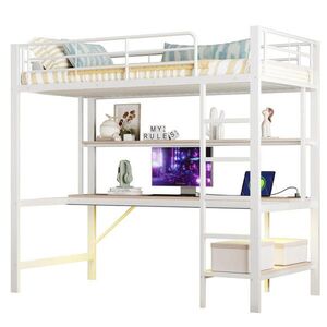 STILVORA HOCHBETT 90/200 cm in Weiß Kinderbett mit Schreibtisch, Regal, LED, USB und Steckdose obraz