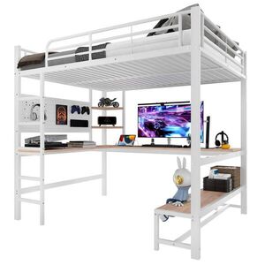 STILVORA HOCHBETT 140/200 cm in Weiß mit Schreibtisch, Ablagen, LED und USB/Type-C Metallbett obraz