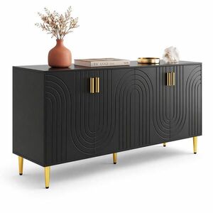 STILVORA KUCHYŇSKÁ SKŘÍŇ černá s jedinečným vlnitým designem a zlatými úchyty, do obývacího pokoje, 152×40×75 cm obraz