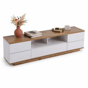 STILVORA TV STOLEK bílý s dekorem dřeva, dvoubarevným designem a úložným prostorem, 180×38×46 cm obraz