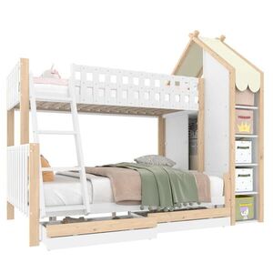 STILVORA ETAGENBETT 90/200 cm & 140/200 cm in Weiß & Natur Kinderbett mit 2 Schubladen, Regal und Hausdach obraz