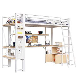 STILVORA HOCHBETT 90/200 cm in Weiß mit Schreibtisch, Regal, Lochwand, LED und USB Metall modern obraz
