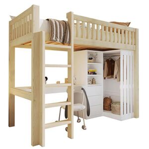 STILVORA HOCHBETT 90/200 cm in Natur mit Schreibtisch, Kleiderschrank, 3 Schubladen und Treppe obraz