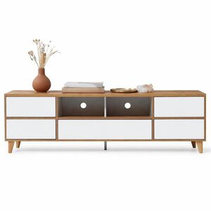 STILVORA TV STOLEK bílý ve venkovském stylu s přihrádkami a dvířky, do obývacího pokoje, 175×37×51 cm obraz