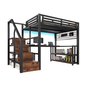 STILVORA HOCHBETT 140/200 cm in Schwarz mit Regal, Schreibtisch, LED und USB obraz