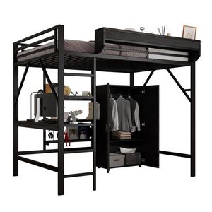 STILVORA HOCHBETT 140/200 cm in Schwarz mit Schreibtisch, Kleiderschrank und Ablage aus Metall & MDF obraz