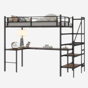 STILVORA HOCHBETT in Schwarz mit Treppe, Schreibtisch, Ablagen und Stauraum Metall Design obraz