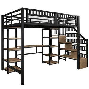 STILVORA HOCHBETT 140/200 cm in Schwarz mit Schreibtisch, Regal, LED und USB obraz