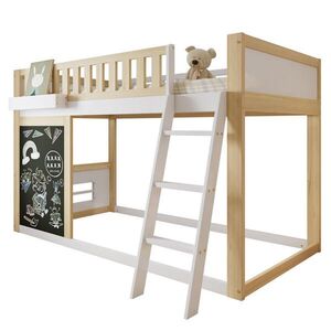 STILVORA HOCHBETT 90/200 cm in Weiß & Natur Kinderbett mit Tafel, Aufbewahrungsbox und Stauraum Kiefer & MDF obraz