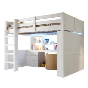 STILVORA HOCHBETT 140/200 cm in Weiß mit LED, Kleiderschrank, 3 Schubladen und Schreibtisch aus Massivholz obraz