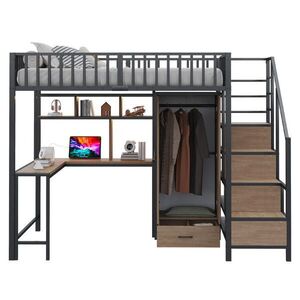 STILVORA HOCHBETT 140/200 cm in Schwarz mit Schreibtisch, Kleiderschrank, Schubladen, Regal, LED und USB Metall Design obraz