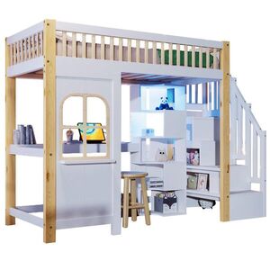STILVORA HOCHBETT 90/200 cm in Weiß & Natur mit LED, Ablageleiter und Schreibtisch obraz
