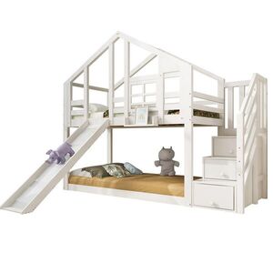 STILVORA ETAGENBETT 90/200 cm in Weiß mit Rutsche und Treppenschrank im Baumhaus-Design obraz