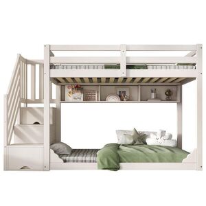 STILVORA ETAGENBETT 90/200 cm & 90/200 cm in Weiß Kinderbett mit Treppenschrank, 2 Schubladen und Regalen obraz