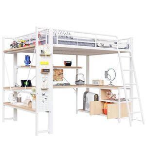 STILVORA HOCHBETT 140/200 cm in Weiß mit Schreibtisch, Regalen, Lochwand, LED und USB obraz