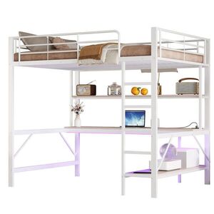 STILVORA HOCHBETT 140/200 cm in Weiß mit Schreibtisch, Regal, LED und USB obraz