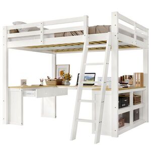 STILVORA HOCHBETT 140/200 cm in Weiß & Natur Kinderbett mit U-förmigem Tisch, 2 Schubladen und Regal obraz
