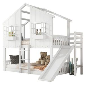 STILVORA ETAGENBETT 90/200 cm in Weiß Kinderbett mit Rutsche, Dach, Fenstern und Fallschutz obraz