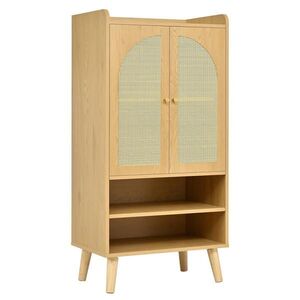 Urban Meuble REGÁL NA BOTY 60 cm přírodní dřevo s ratanovými dvířky s otevřenými přihrádkami v boho stylu obraz