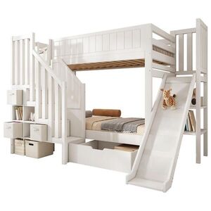 STILVORA ETAGENBETT 90/200 cm & 90/200 cm in Weiß Kinderbett mit Rutsche, 3 Schubladen und Regal obraz