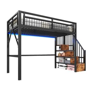 STILVORA HOCHBETT 90/200 cm in Schwarz mit LED und Treppe mit Stauraum obraz