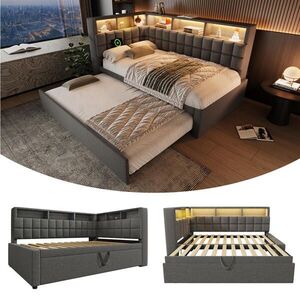 Modfu ČALOUNĚNÁ postel ze lnu 90x200 cm šedá s výsuvným lůžkem, LED, Bluetooth reproduktory, USB a USB-C obraz