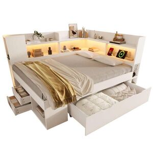 Modfu DENNÍ postel ze dřeva 140x200 cm bílá s LED osvětlením, USB a Typ-C, úložným prostorem a roštem obraz