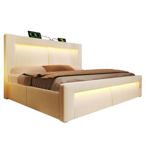 OKWISH ČALOUNĚNÁ postel 140/200 cm béžová ze sametu s úložným prostorem, LED a USB obraz