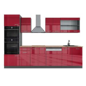 Vicco KUCHYŇSKÝ KOUT R-Line Červená vysoký lesk 300 cm s vysokou skříní, PD Dub obraz