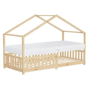 ML-DESIGN POSTEL VE TVARU DOMU s matrací 90 x 200 cm, výška 16 cm, přírodní borovice s ochranou proti vypadnutí obraz