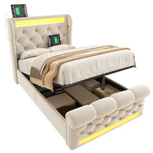 WISHDOR ČALOUNĚNÁ POSTEL 90/200 cm v béžovém sametu s úložným prostorem, LED osvětlením, USB a Type-C obraz