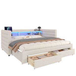 WISHDOR ROZKLÁDACÍ POHOVKA 90/190 cm v béžovém sametu se 2 zásuvkami, LED osvětlením, USB a Type-C obraz