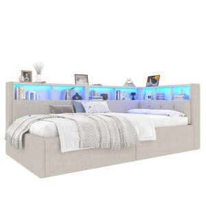WISHDOR ROZKLÁDACÍ POHOVKA 90/200 cm v béžové lněné látce s úložným prostorem, LED osvětlením, USB a Type-C obraz