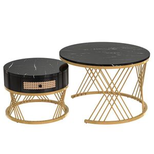 STILVORA SET KONFERENČNÍCH STOLŮ v černé a zlaté barvě se zásuvkami a mramorovým dekorem, 70×70×45, 5 cm obraz