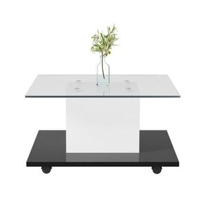STILVORA KONFERENČNÍ STŮL v bílé a černé barvě s lesklým sklem a otočnými kolečky, 80×80×40 cm obraz